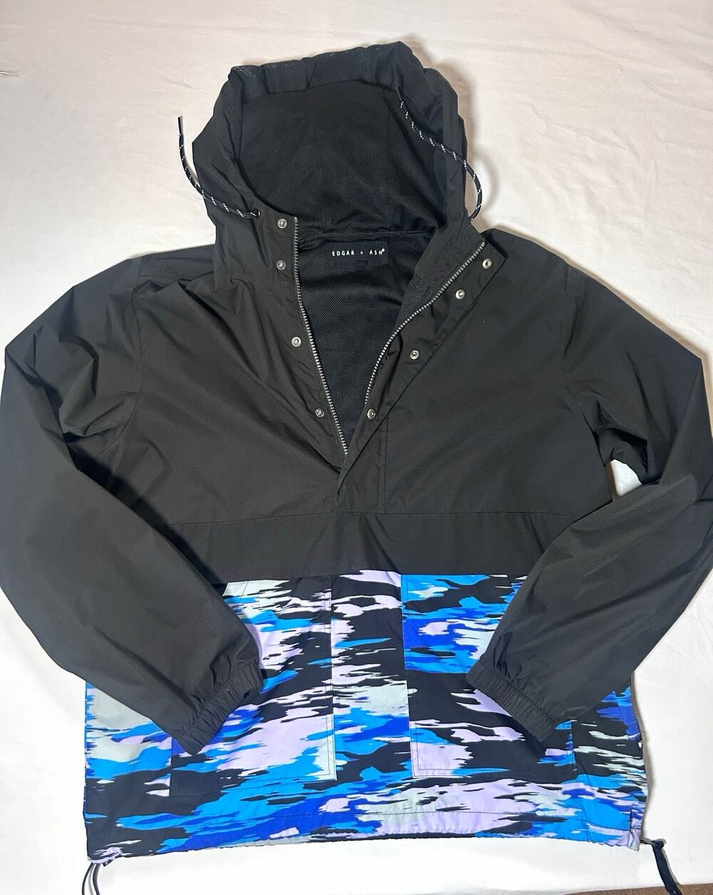 Edgar + Ash Men's Black Blue Purple Camo Hooded Anorak Windbreaker Size L